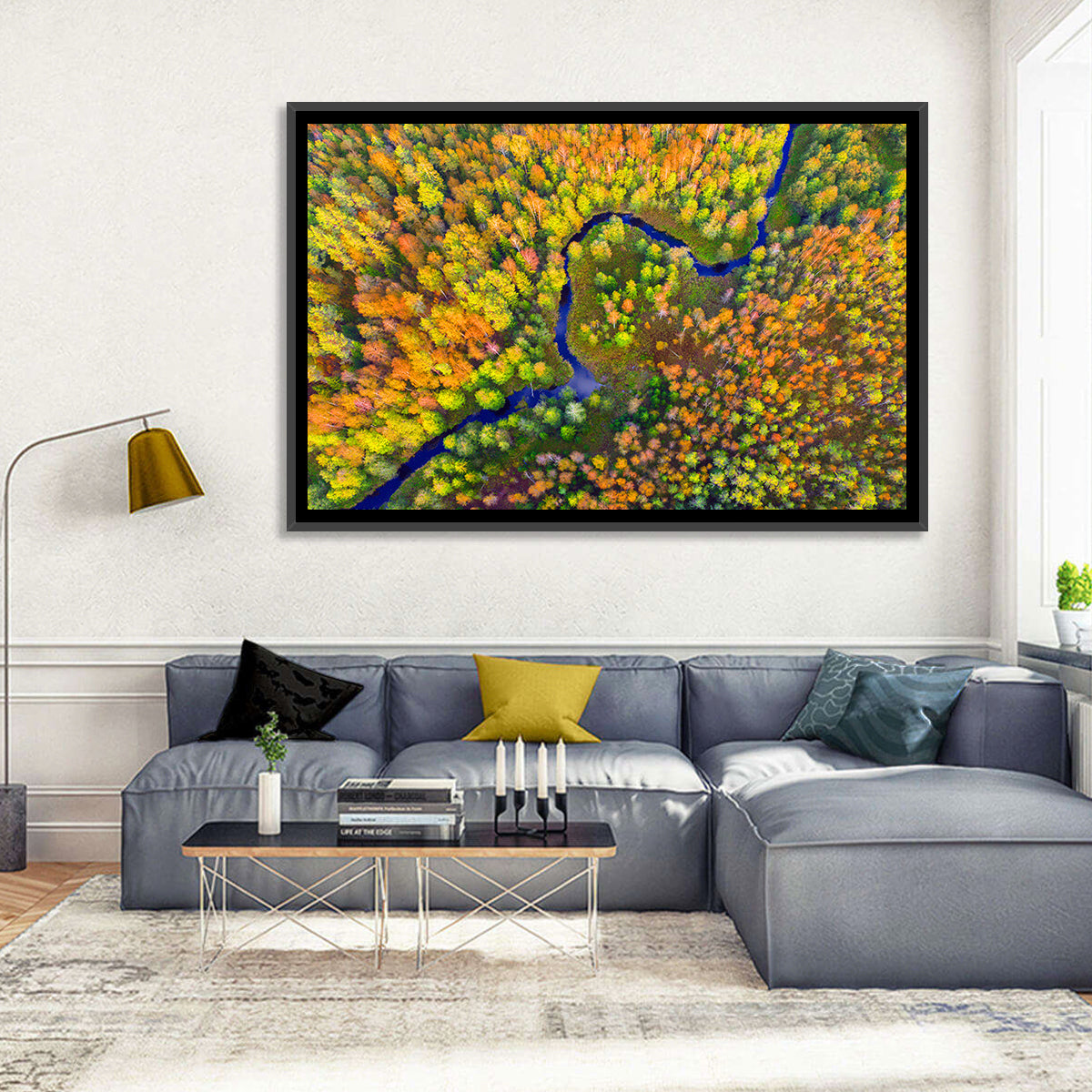 Winding Autumn River Wall Art in a room, landscape