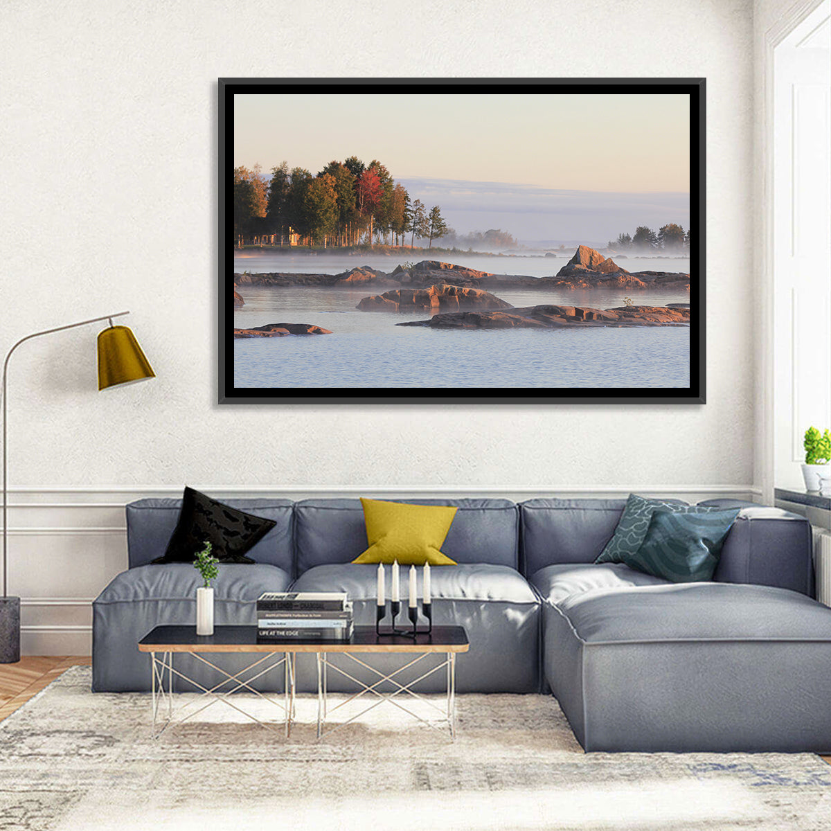 Lake Vanern Misty Shoreline Wall Art in a room, landscape