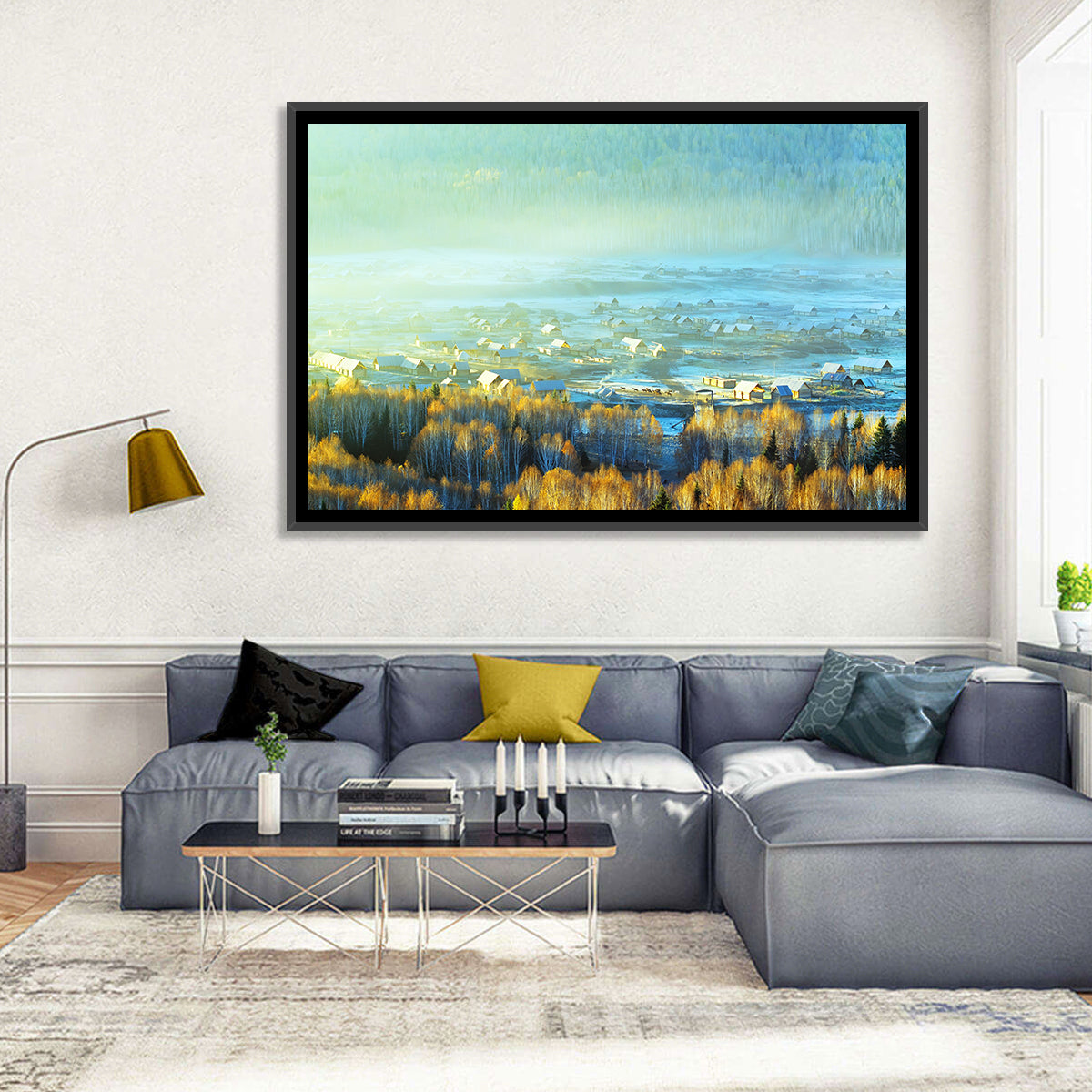 Misty Xinjiang Village Wall Art in a room, landscape