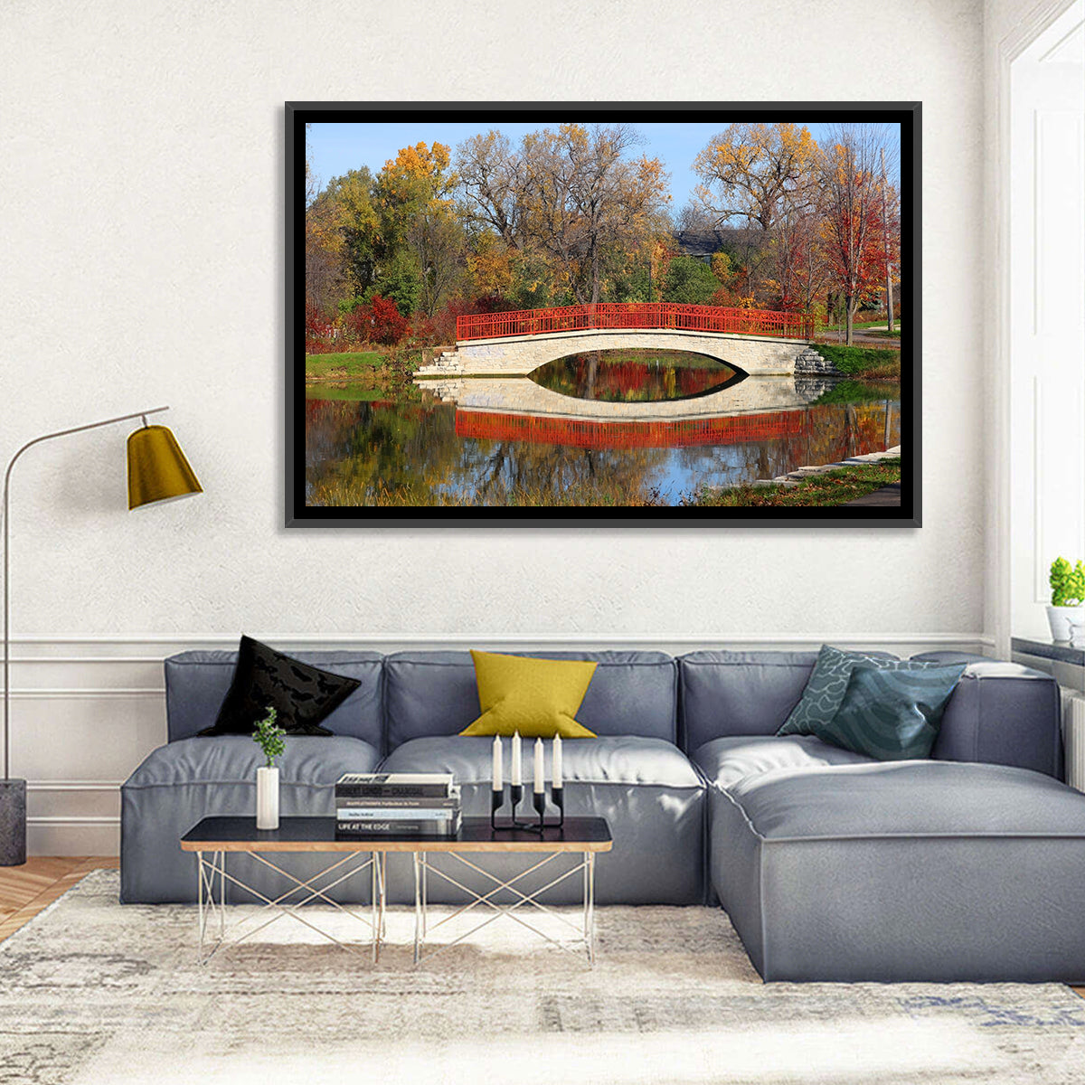Tenney Park Stone Bridge Reflection Wall Art in a room, landscape