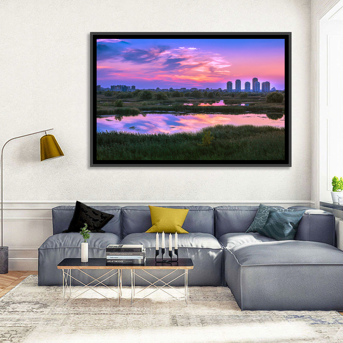 Vacaresti Park Sunset Reflection Wall Art in a room, landscape