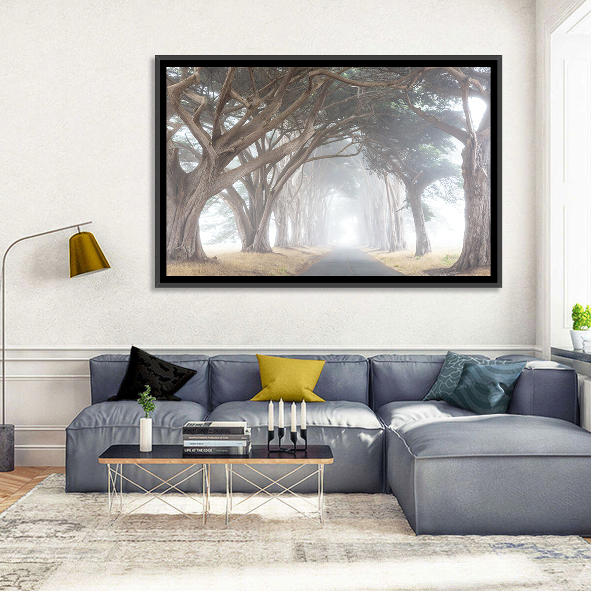 Misty Cypress Tunnel Wall Art in a room, landscape