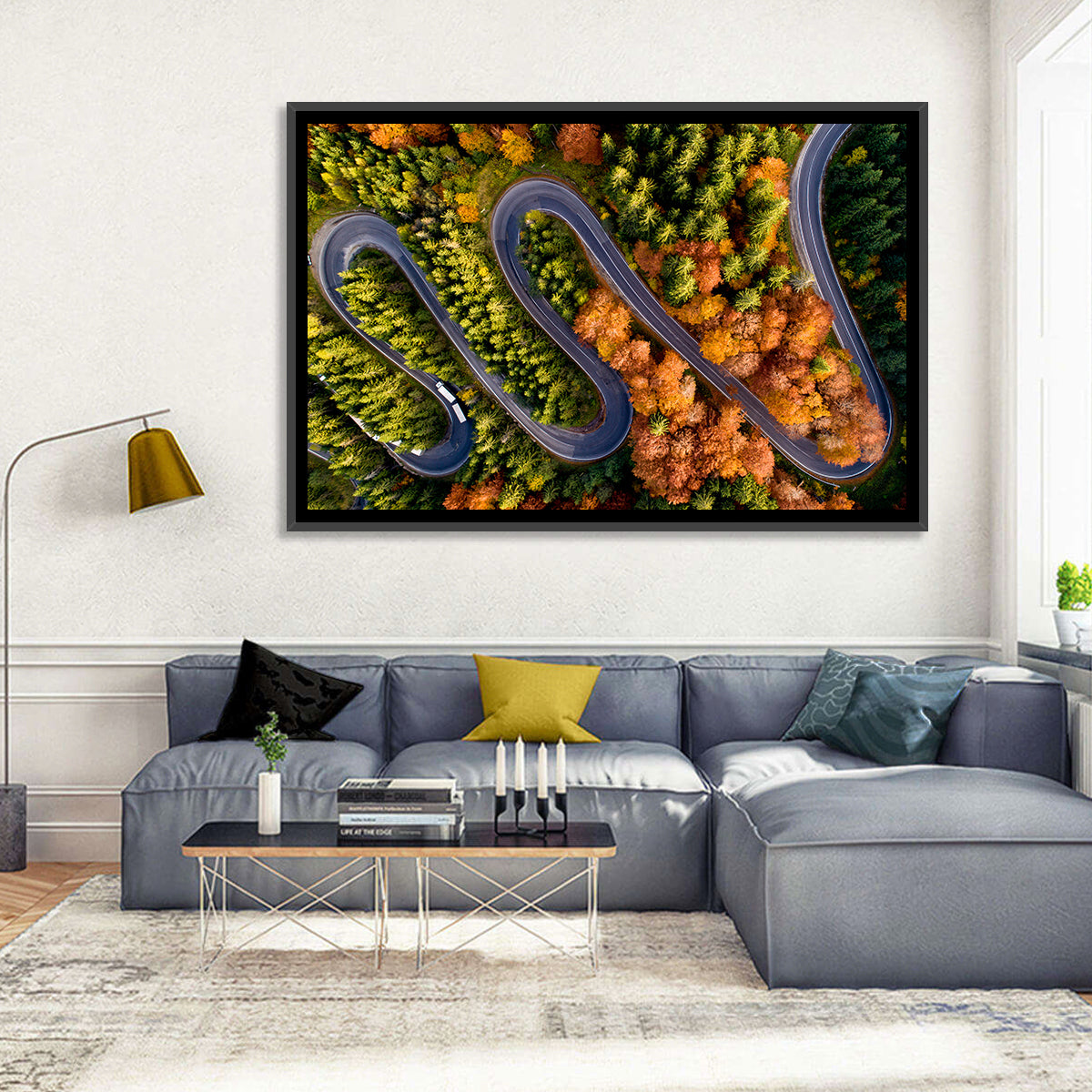 Autumn Aerial Mountain Road Wall Art in a room, landscape