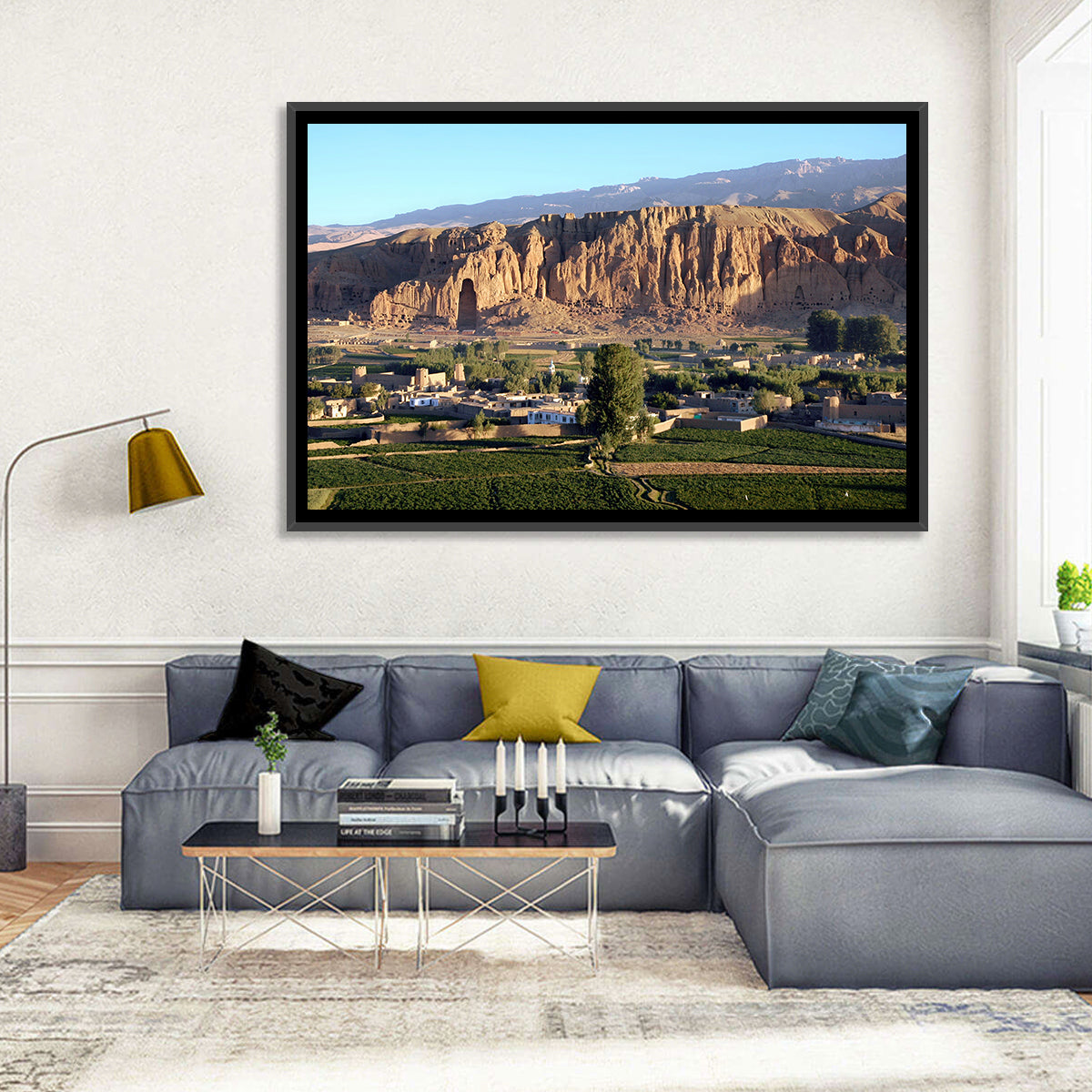 Bamiyan Valley Cliff Niche at Golden Hour Wall Art in a room, landscape