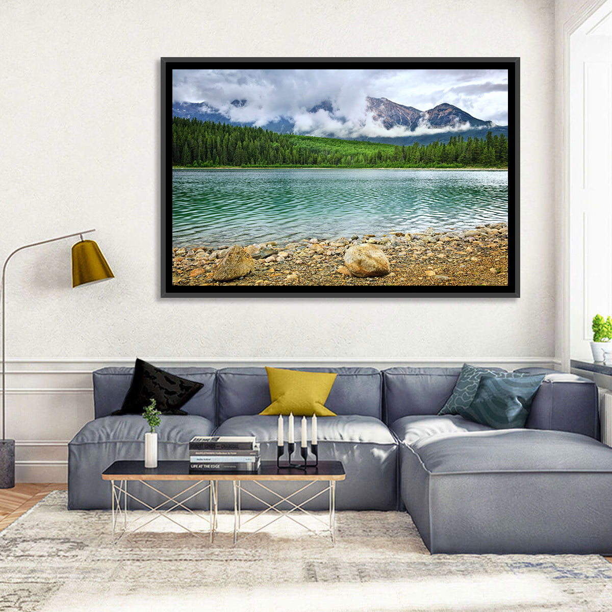 Patricia Lake Cloudy Peaks Wall Art in a room, landscape