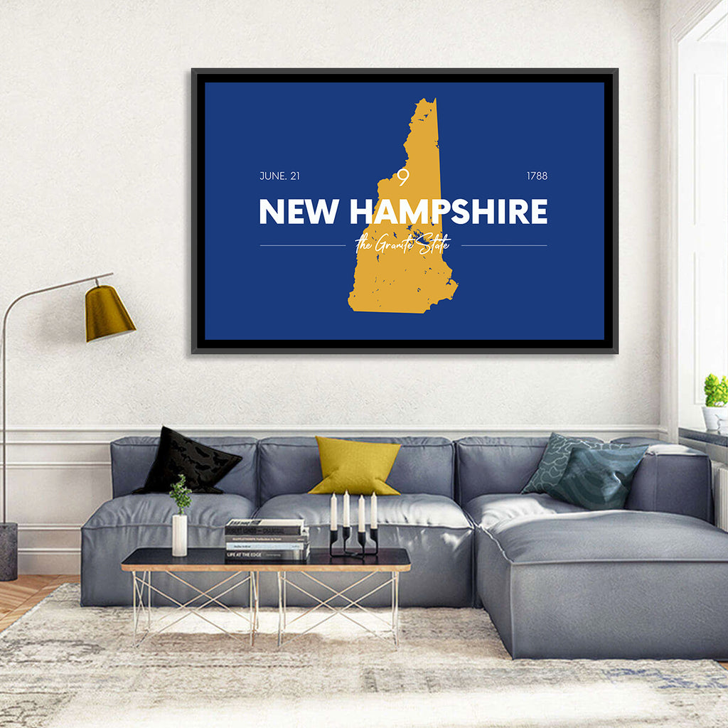 New Hampshire State Map, Blue and Gold Wall Art