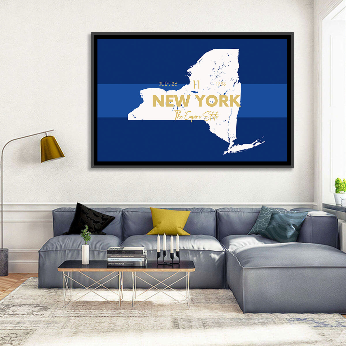 New York State Typographic Map Wall Art in a room, landscape