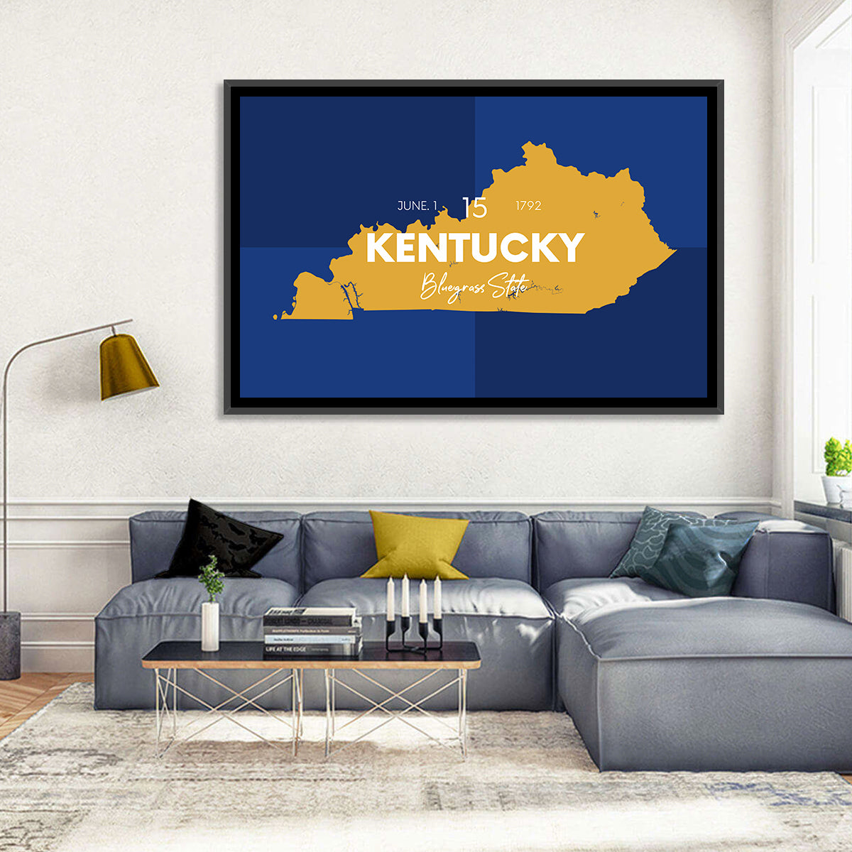 Blue and Gold Kentucky Map Wall Art in a room, landscape