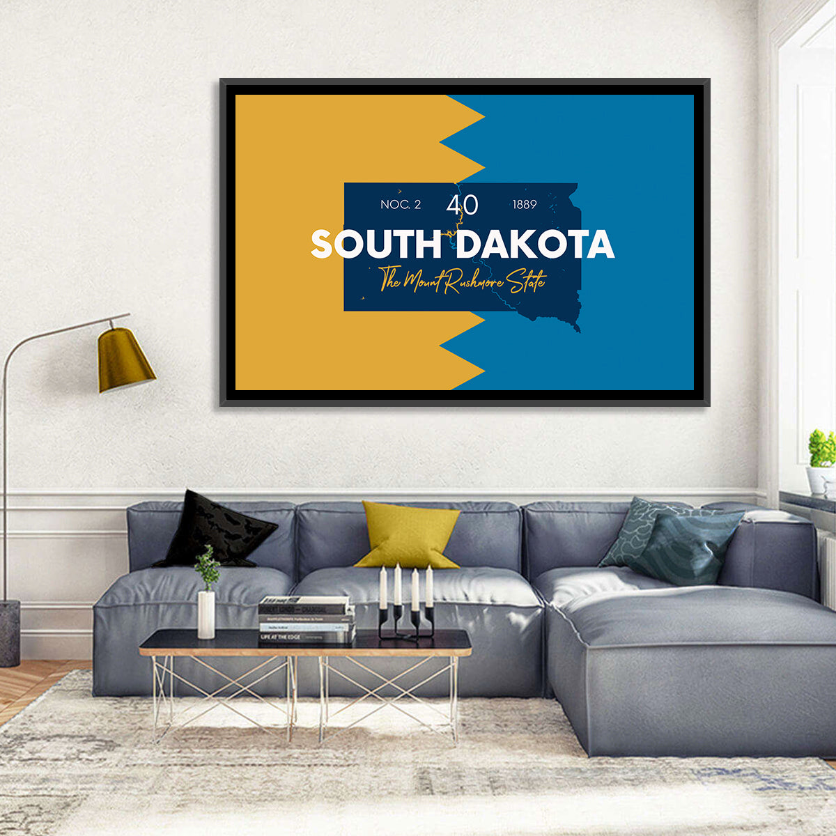South Dakota Silhouette Map Wall Art in a room, landscape