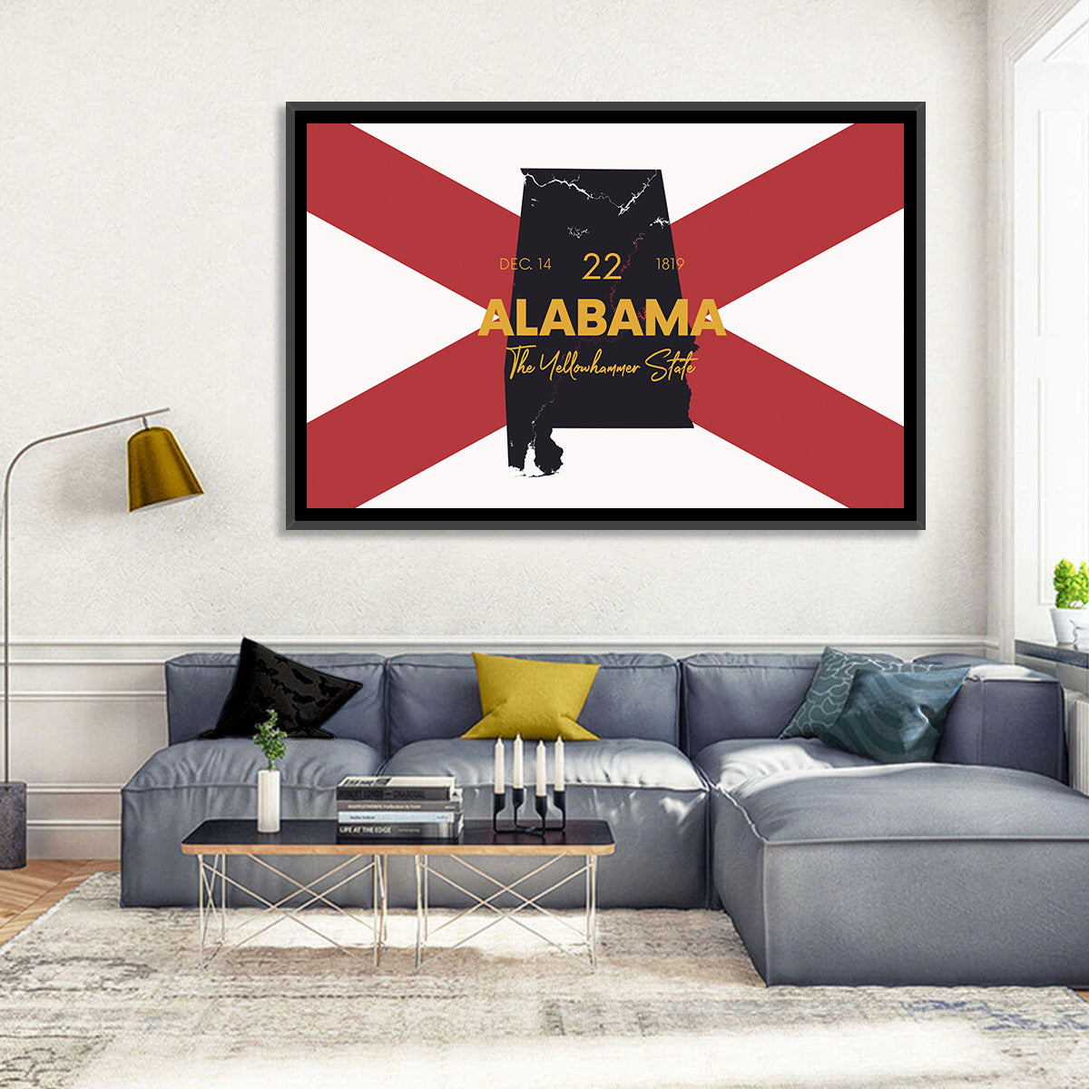 Alabama Map Over State Flag Wall Art in a room, landscape
