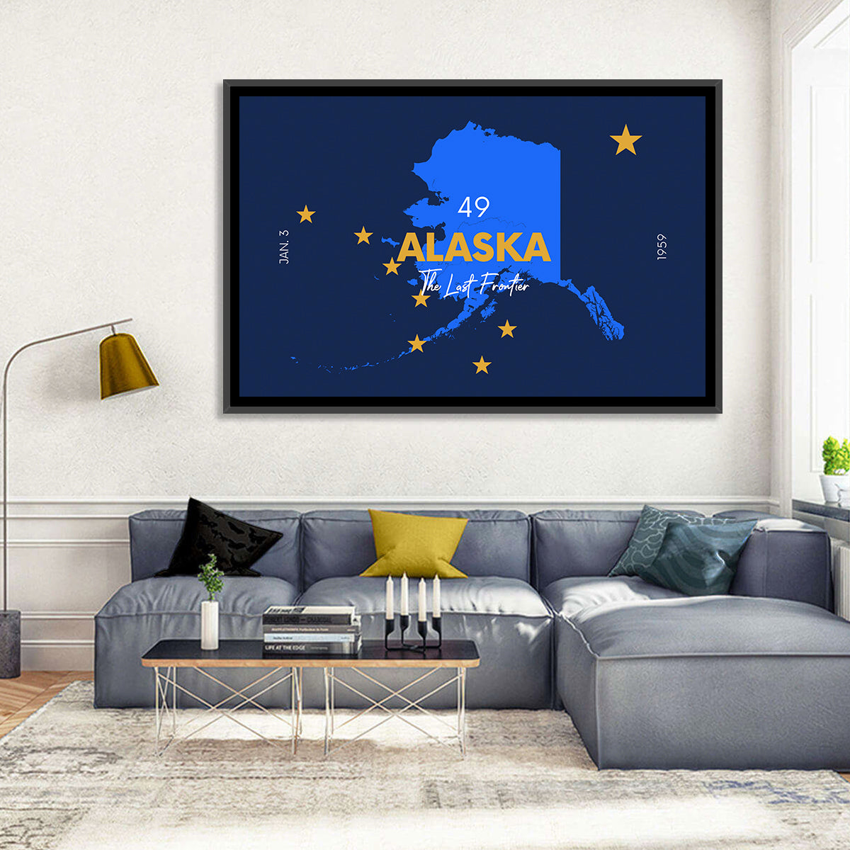 Alaska Map with Gold Stars Wall Art in a room, landscape