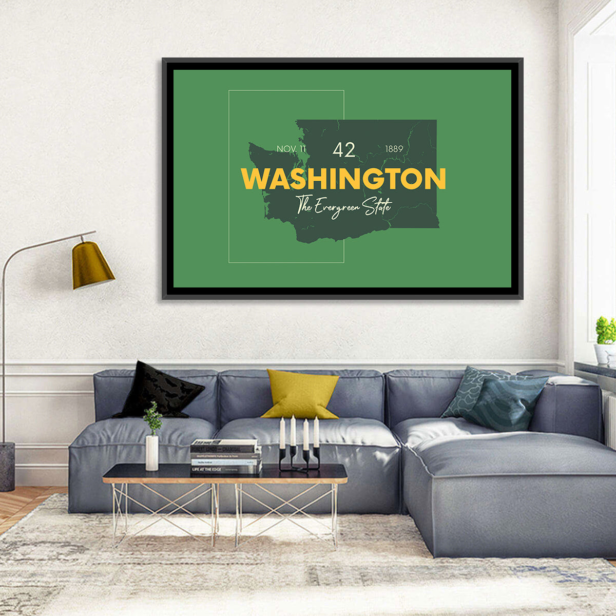 Minimalist Washington State Map Wall Art in a room, landscape