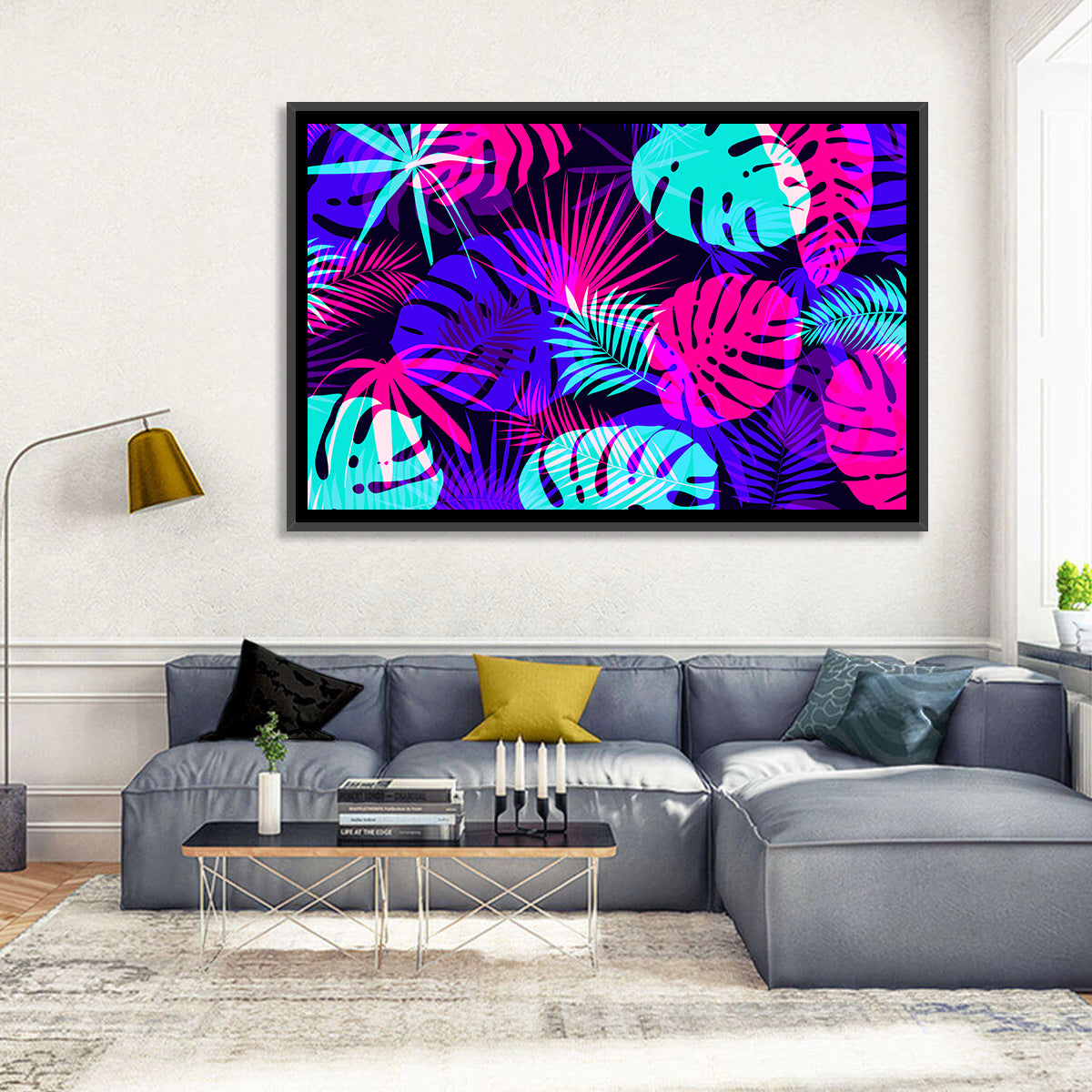 Neon Tropical Leaves Wall Art in a room, landscape