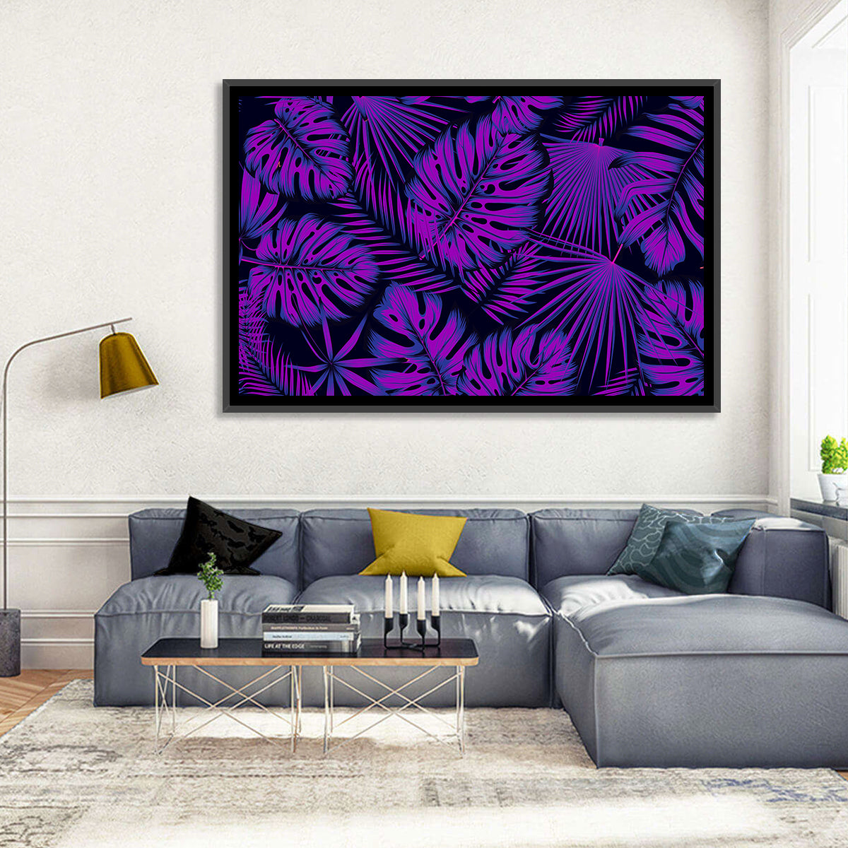 Violet Tropical Leaves Wall Art in a room, landscape