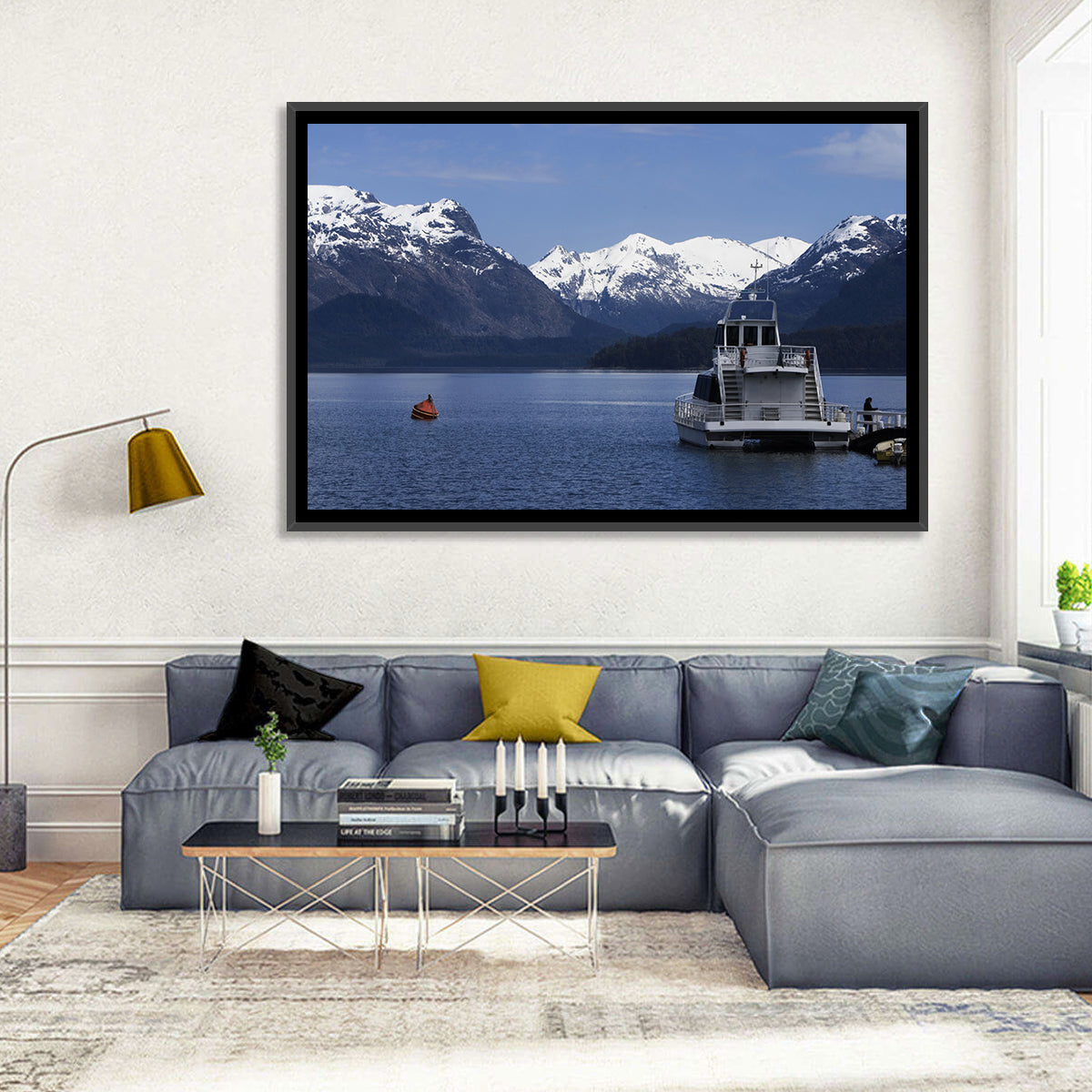 Lake Nahuel Huapi Catamaran and Snow-capped Mountains Wall Art