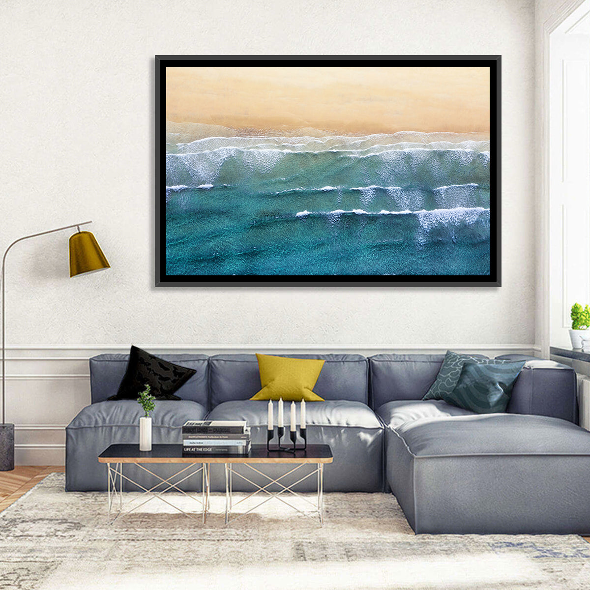 Calm Turquoise Beachscape Wall Art in a room, landscape