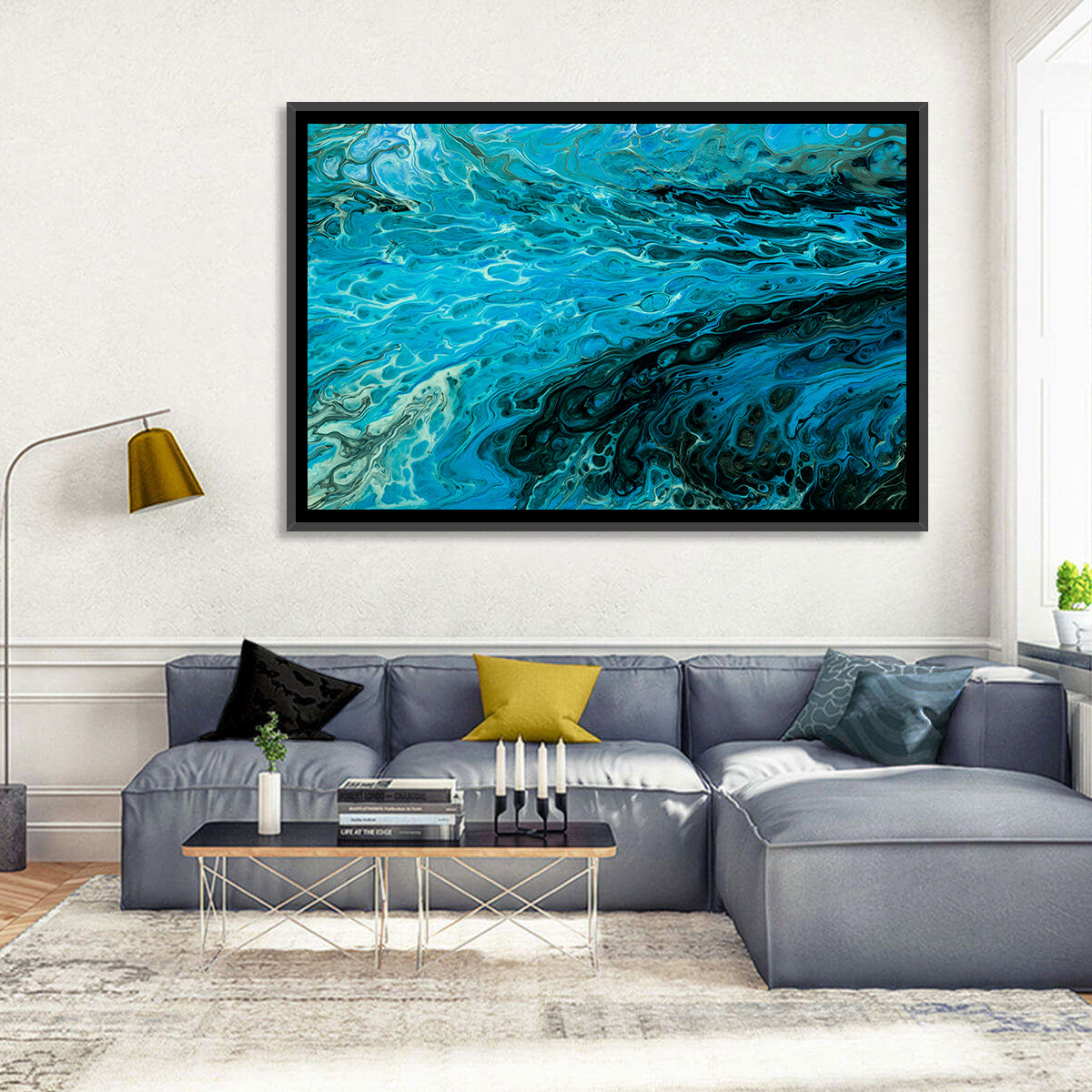 Liquid Marble Blue Abstract Wall Art in a room, landscape