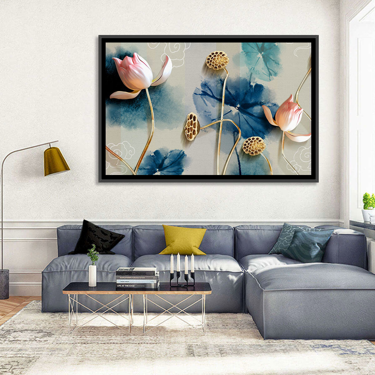 Blue Lotus Botanical Backdrop Wall Art in a room, landscape
