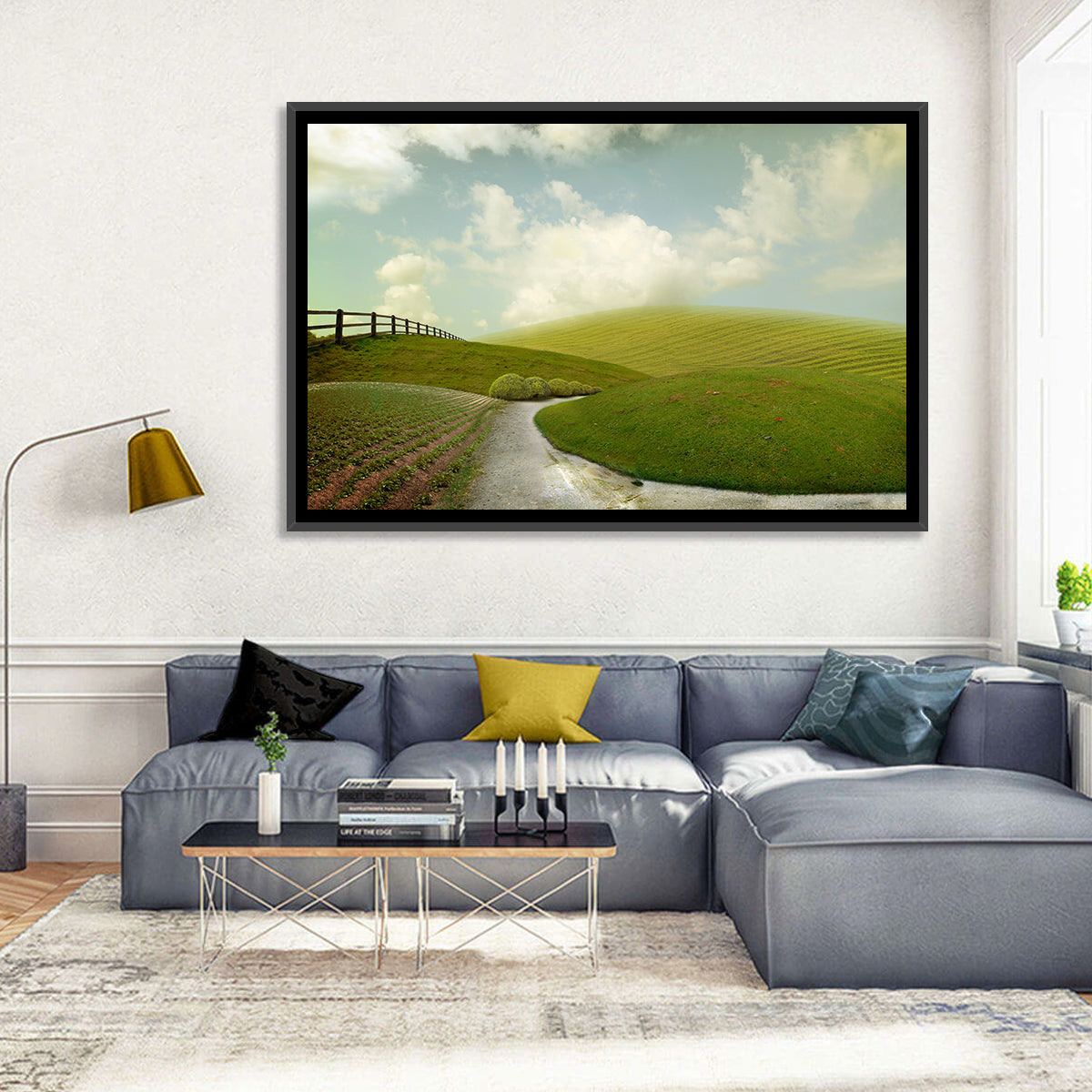 Winding Road Through Rolling Hills Wall Art in a room, landscape