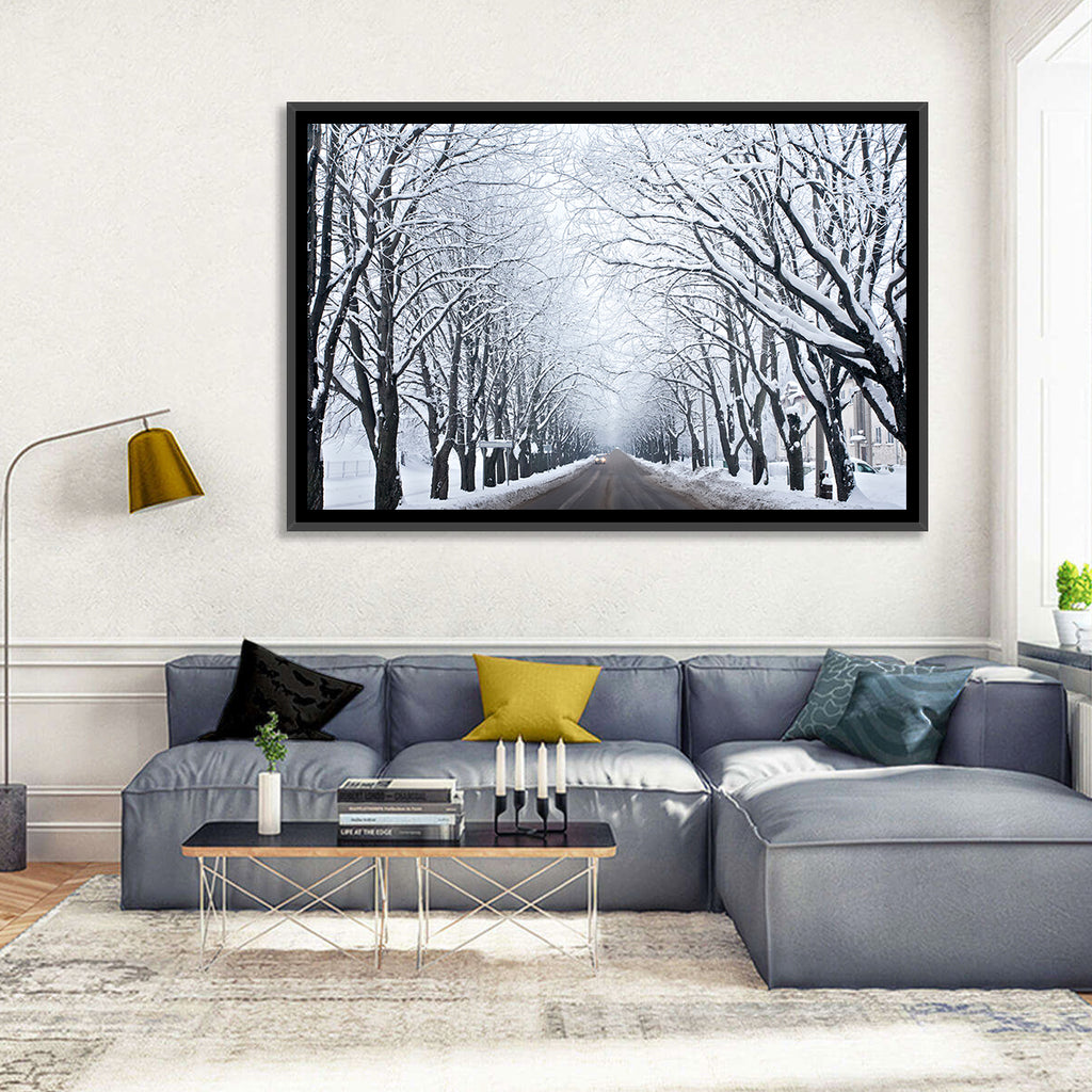 Snowy Road with Distant Headlights Wall Art