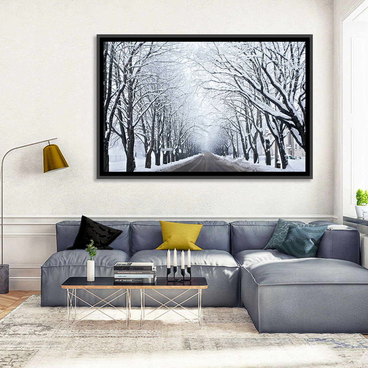 Snowy Road with Distant Headlights Wall Art