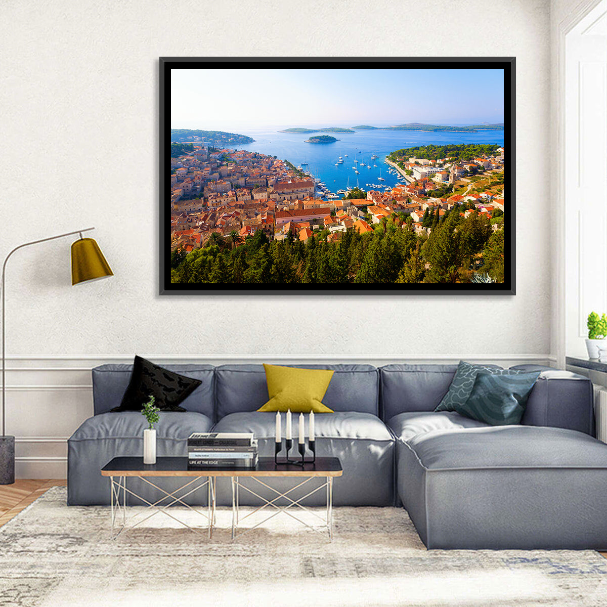Hvar Harbor Aerial View Wall Art in a room, landscape