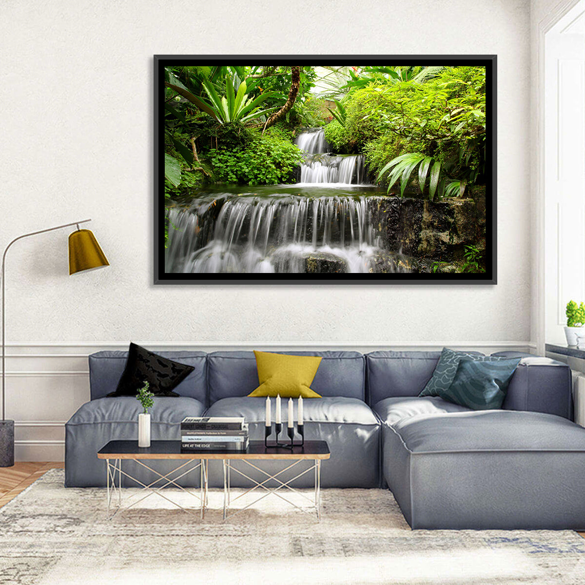 Lush Rainforest Cascade Wall Art in a room, landscape