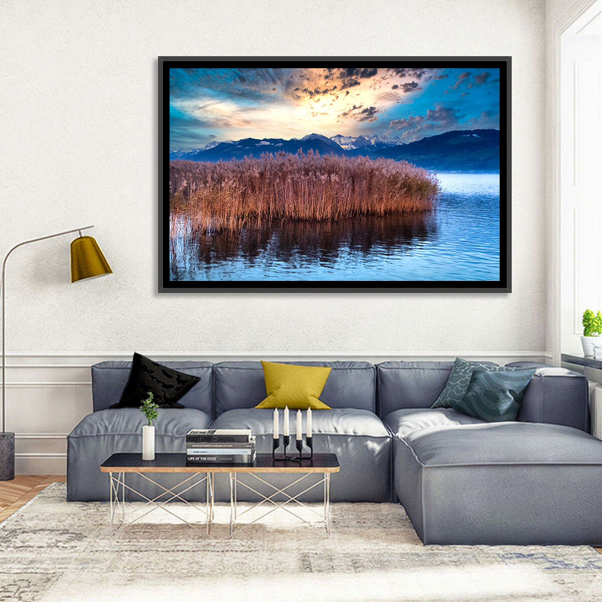 Lake Obersee Reeds at Dusk Wall Art in a room, landscape
