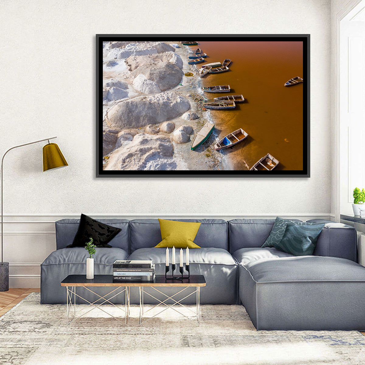 Lac Rose Boats and Salt Mounds Wall Art in a room, landscape