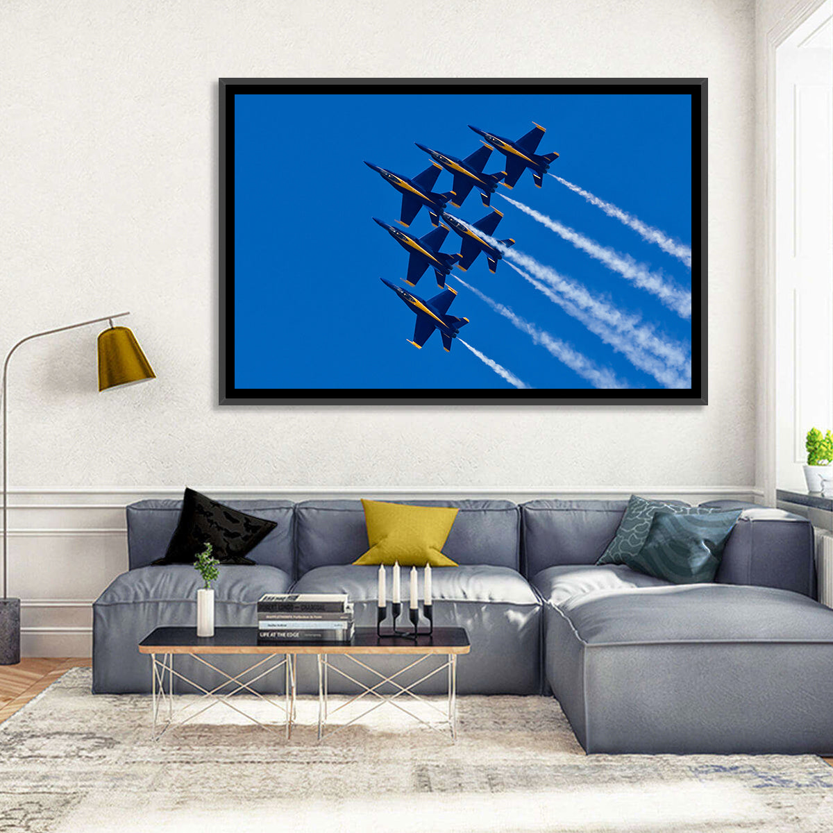 Blue Angels Delta Formation Flyover Wall Art in a room, landscape