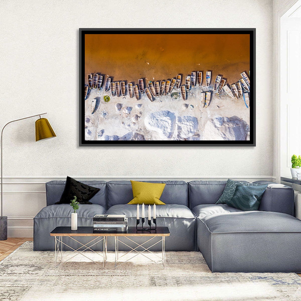 Lac Rose Boats Aerial View Wall Art in a room, landscape