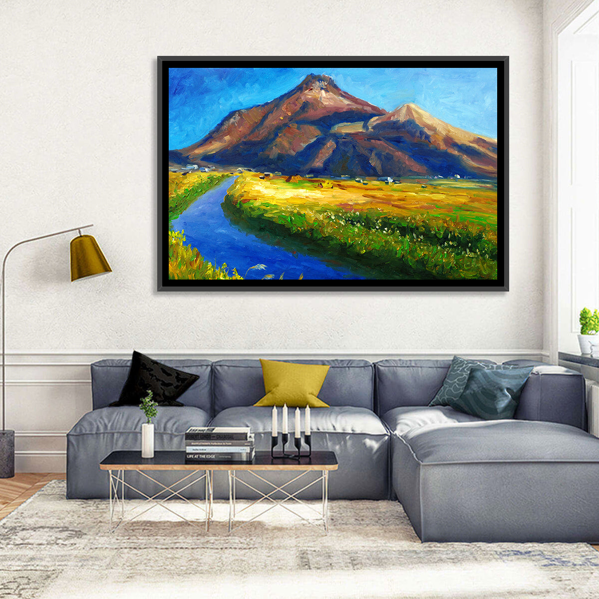 Mountain Village Stream at Golden Hour Wall Art in a room, landscape