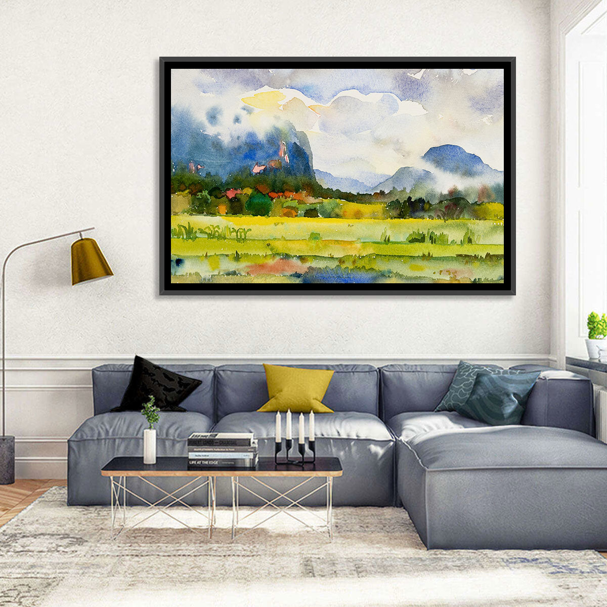 Summer Meadow Watercolor Landscape Wall Art in a room, landscape
