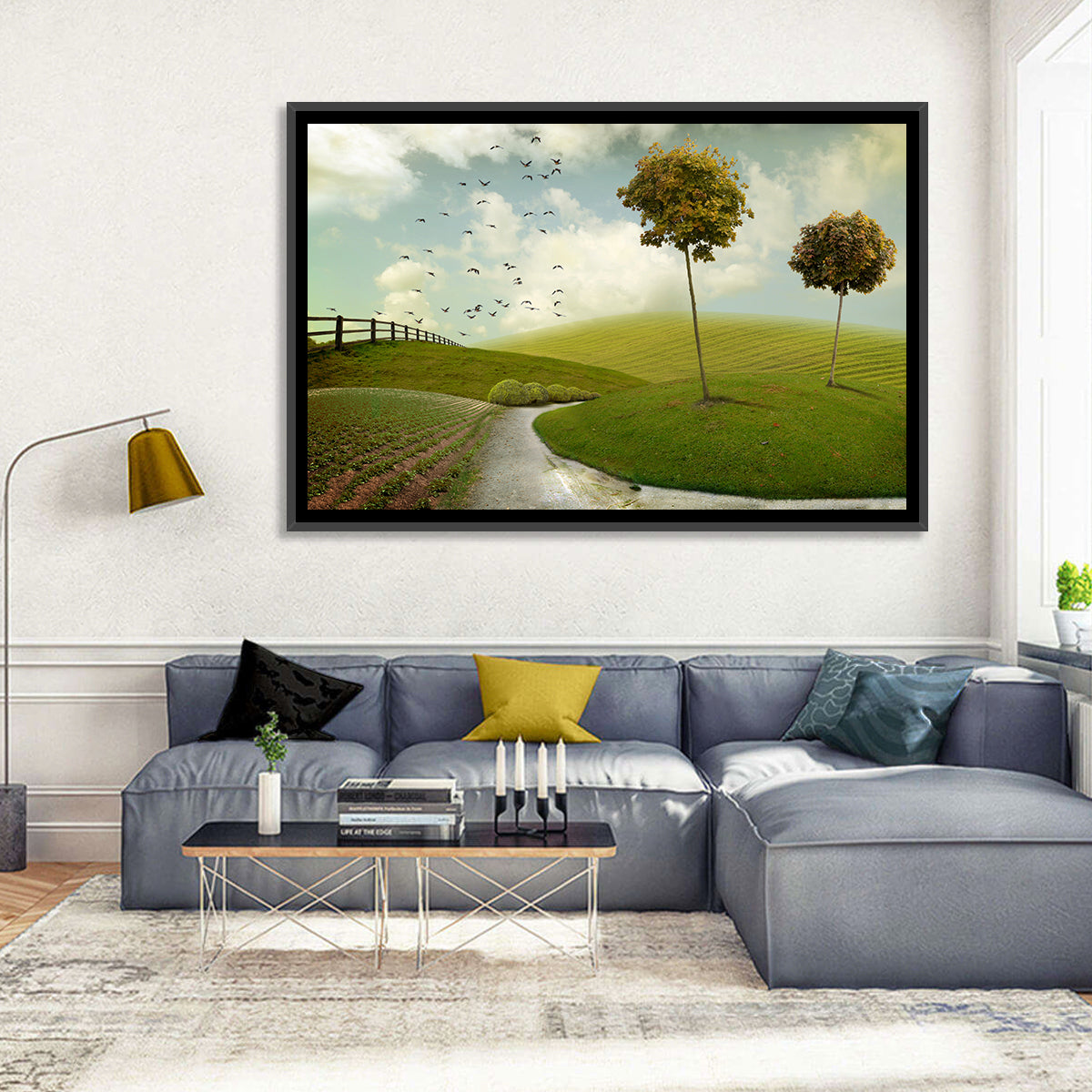 Serene Green Hills Pathscape Wall Art in a room, landscape