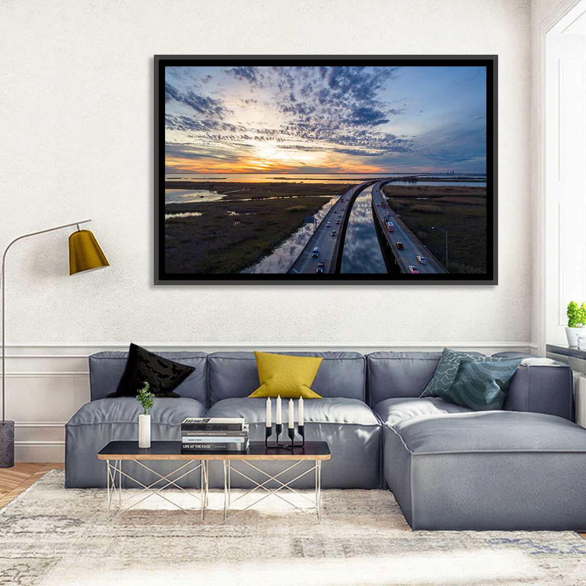 Mobile Bay Bridge at Sunset Wall Art in a room, landscape
