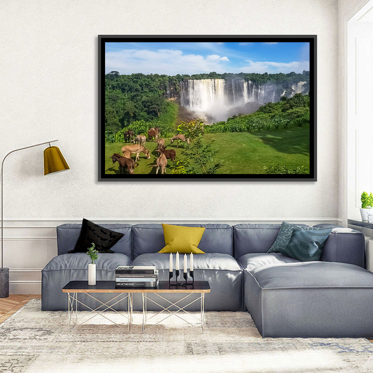Kalandula Falls and Grazing Donkeys Wall Art