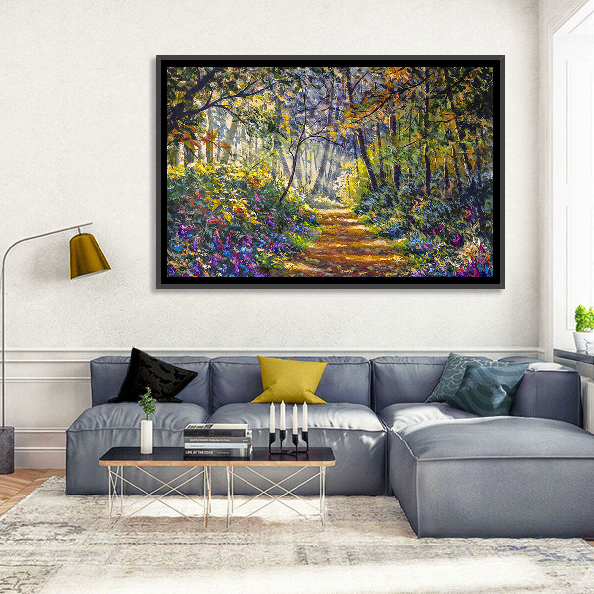 Sunlit Forest Path with Wildflowers Wall Art in a room, landscape