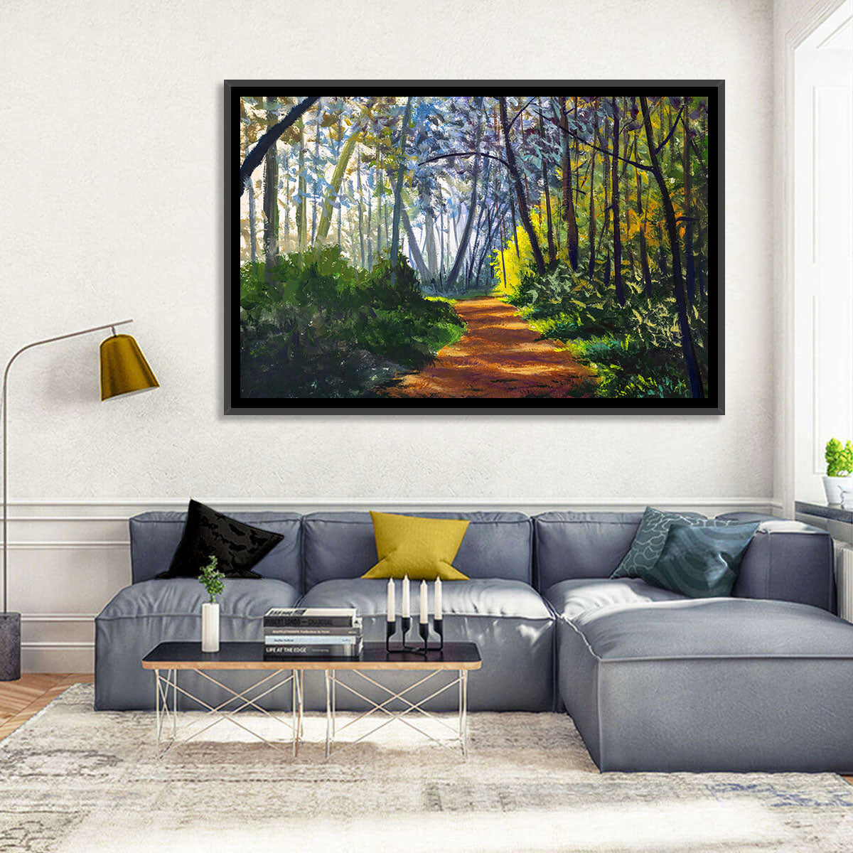 Sunlit Forest Alley Path Wall Art in a room, landscape