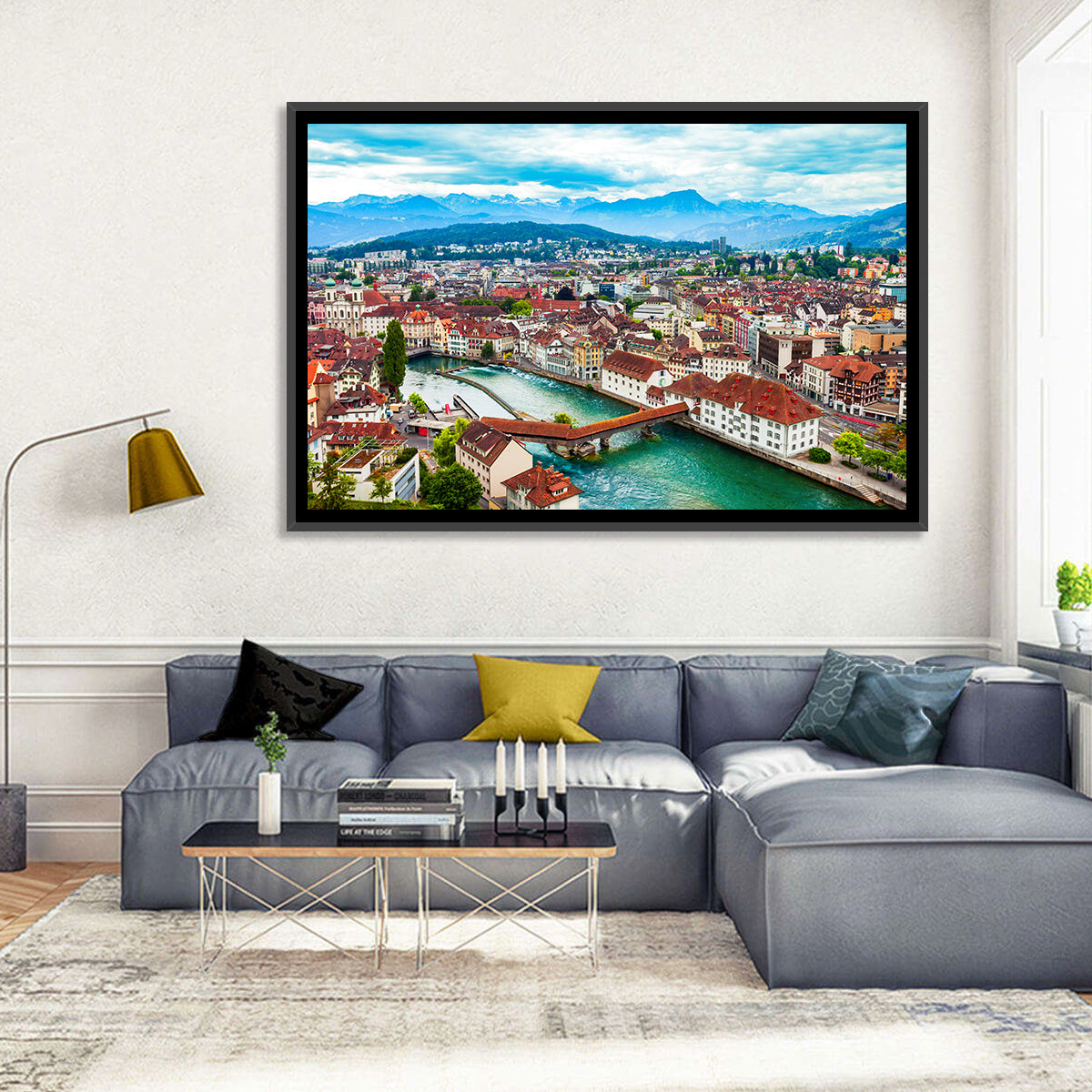 Lucerne Chapel Bridge View Wall Art in a room, landscape