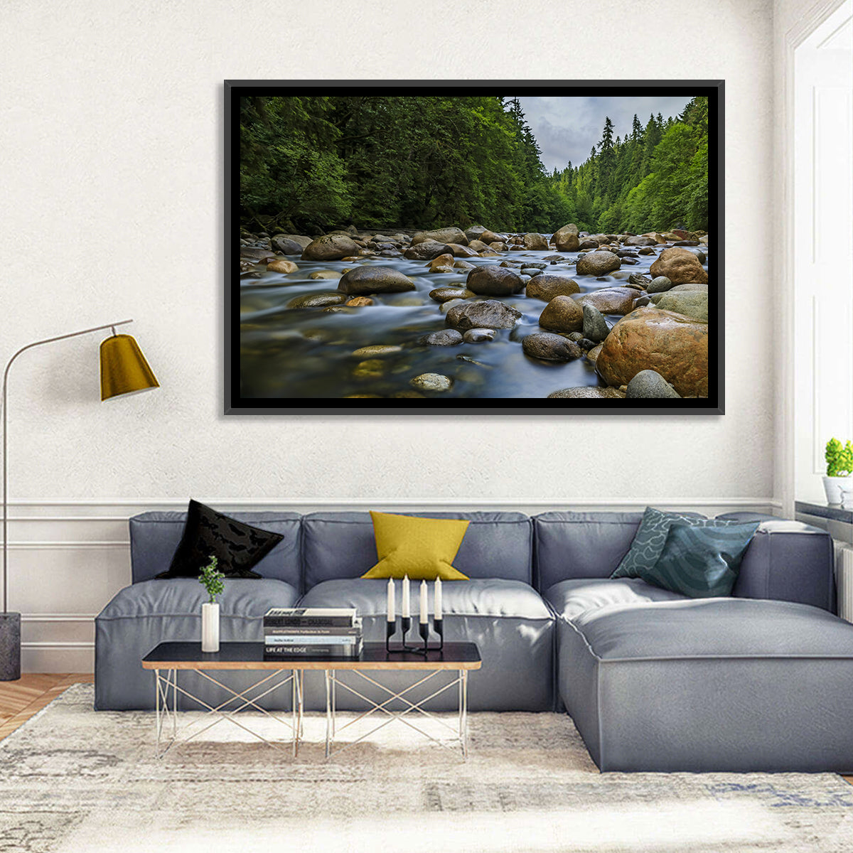 Lynn Canyon Riverbed Forest Wall Art in a room, landscape