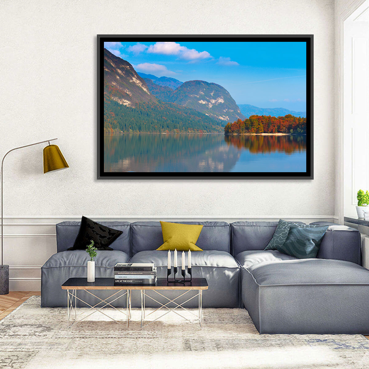 Lake Bohinj Autumn Reflection Wall Art in a room, landscape
