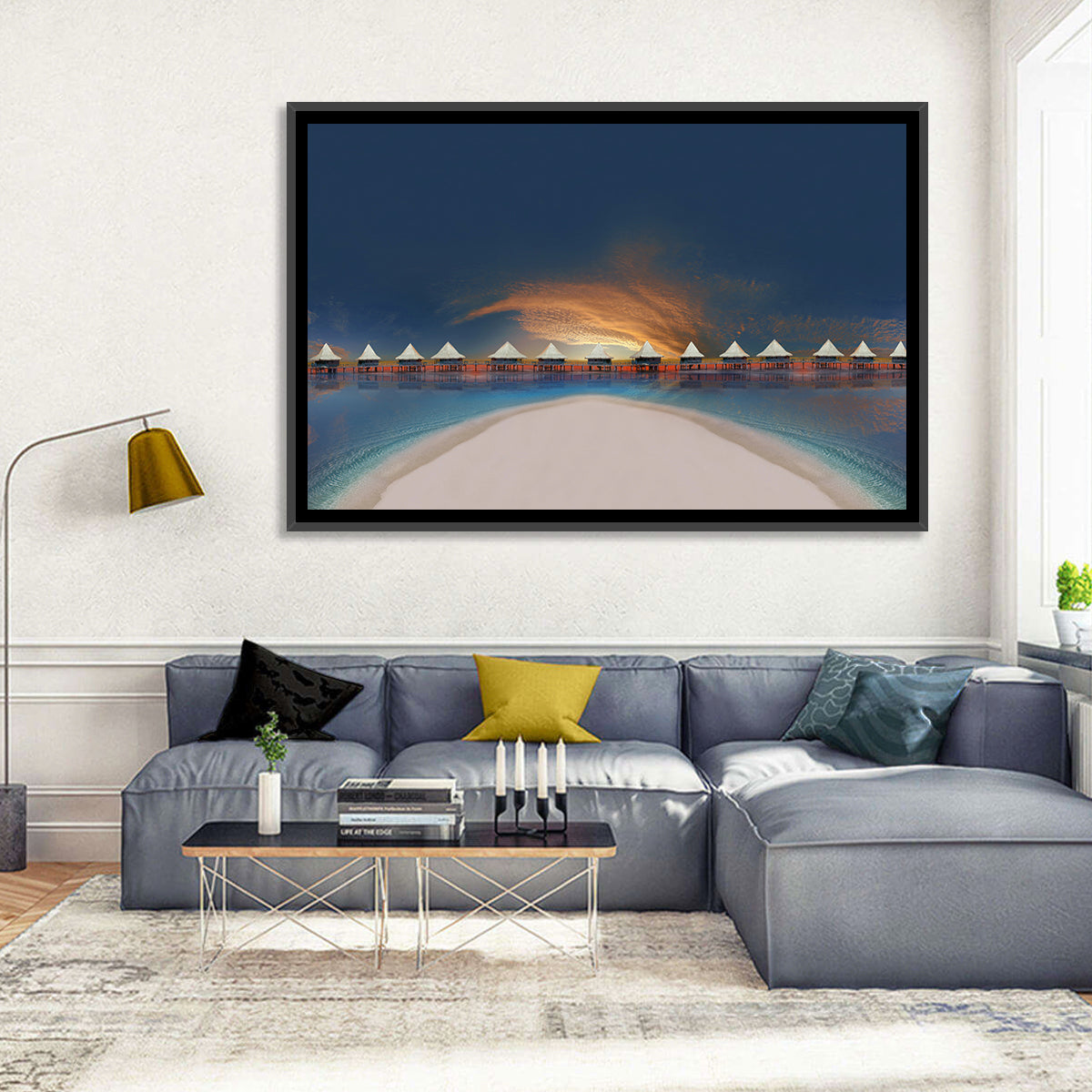 Overwater Bungalows at Golden Dusk Wall Art in a room, landscape