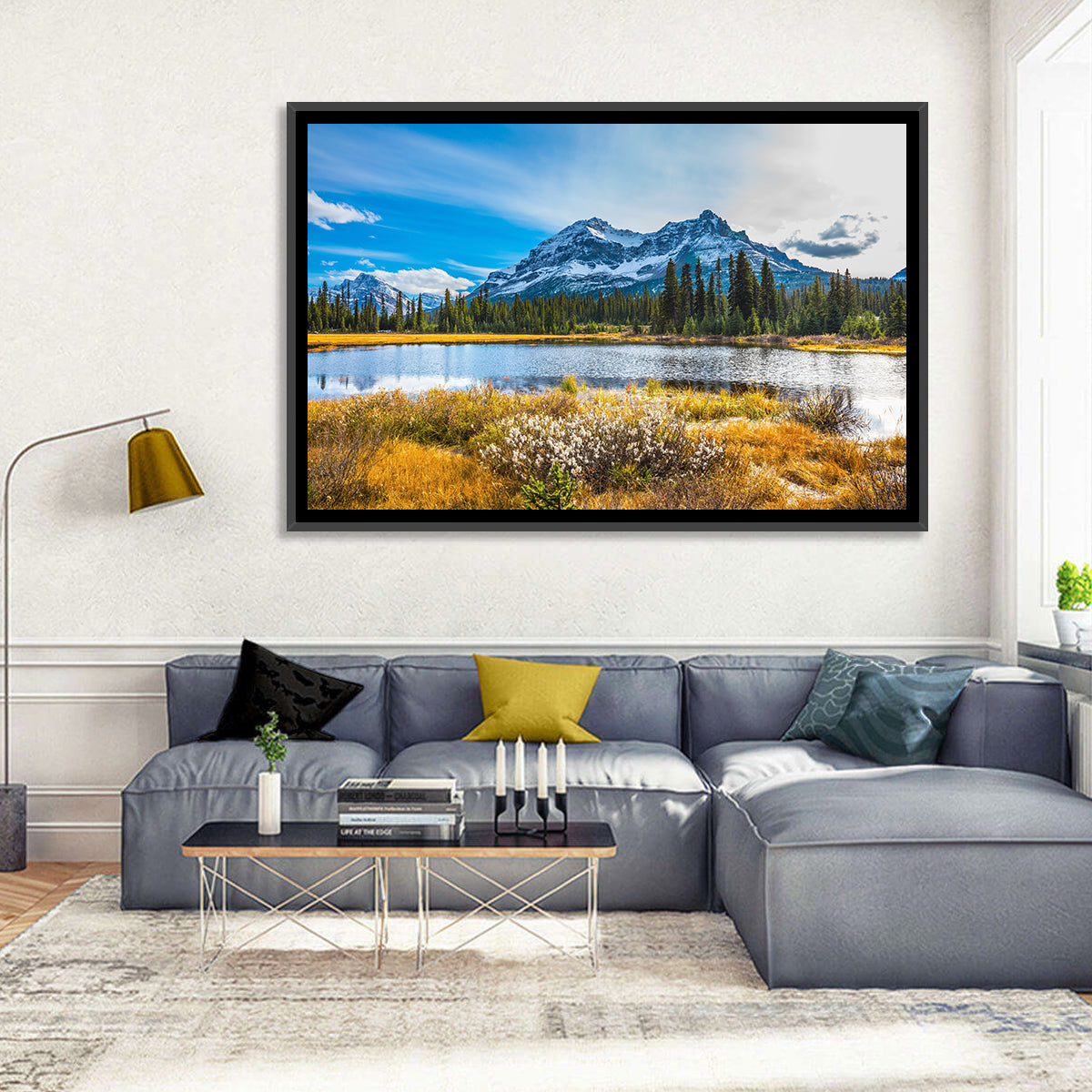 Rocky Mountain Lake Wall Art in a room, landscape