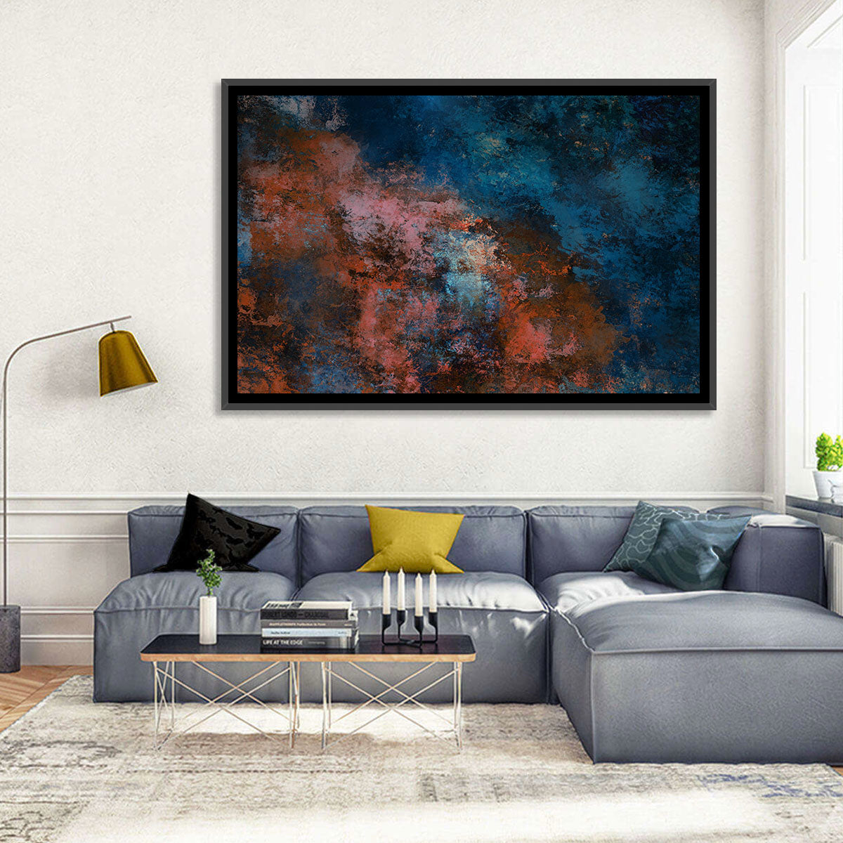 Blue to Rust Color Field Wall Art in a room, landscape