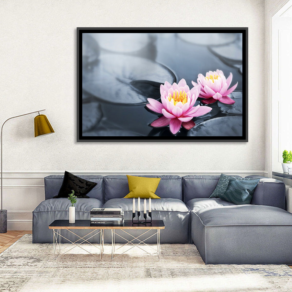 Pink Water Lilies Wall Art in a room, landscape