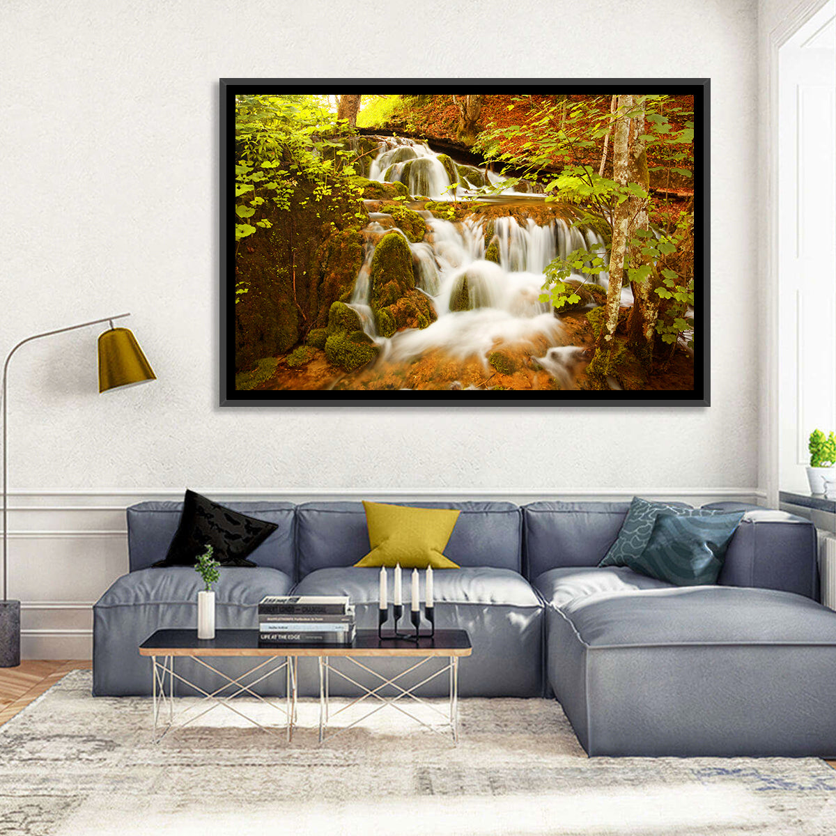 Plitvice Autumn Stream Wall Art in a room, landscape