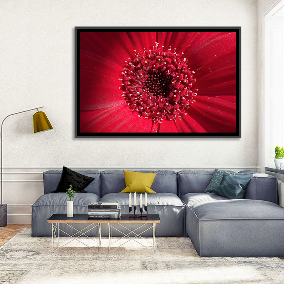 Red Gerbera Daisy Macro Close Up Wall Art in a room, landscape