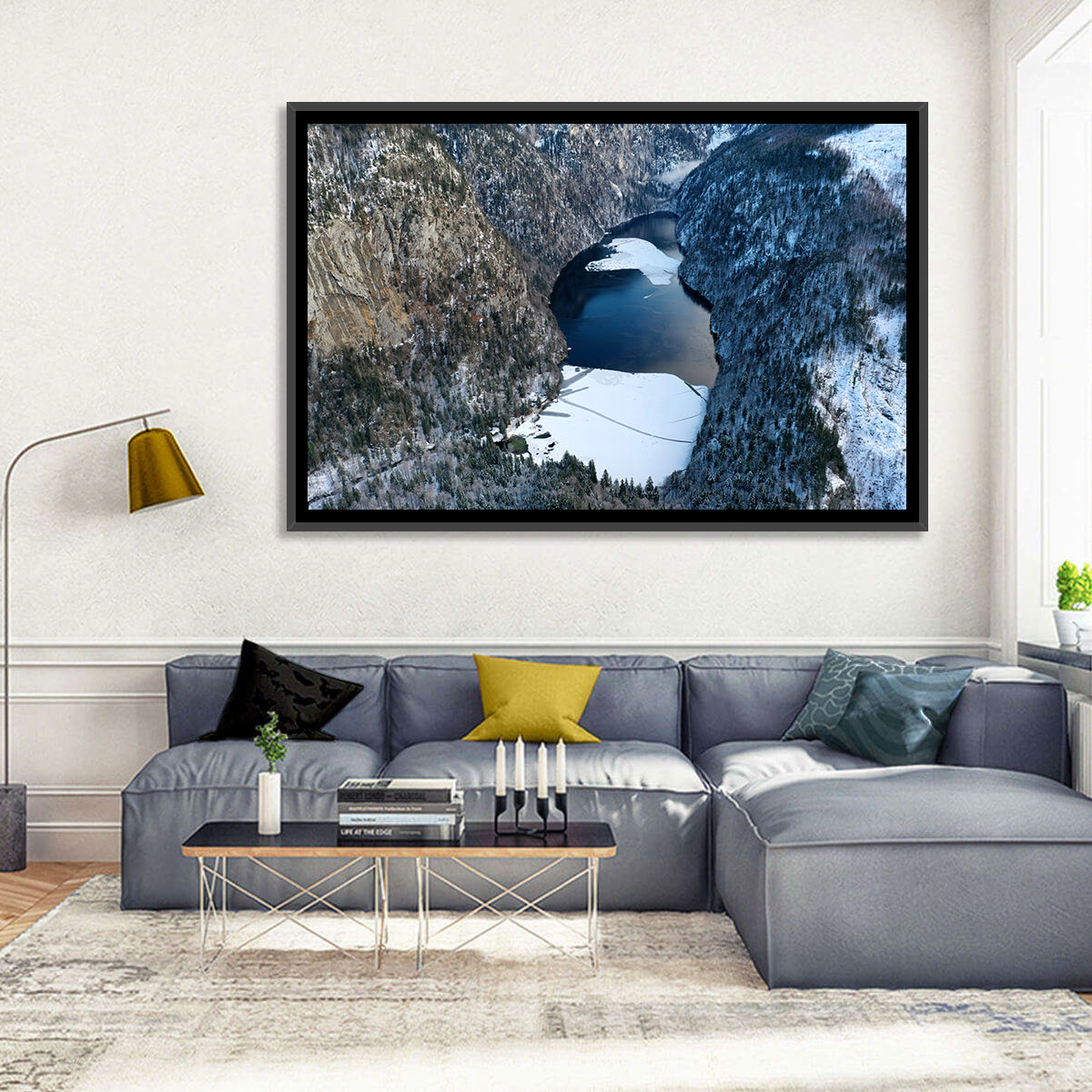 Toplitz Lake Winter Aerial Wall Art in a room, landscape