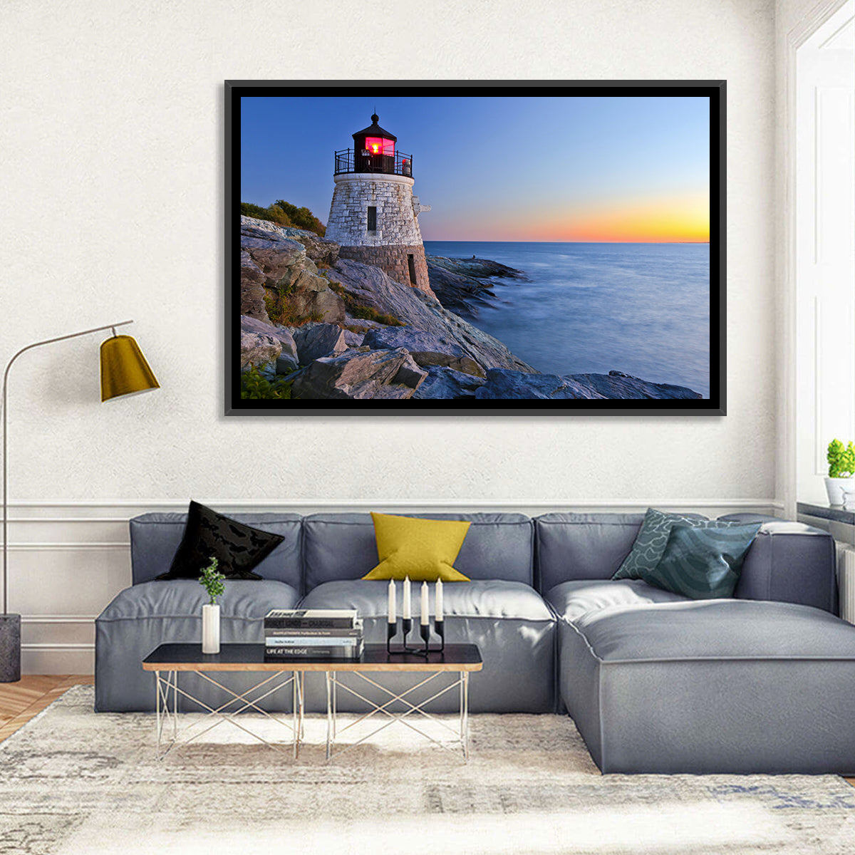 Castle Hill Lighthouse at Dusk Wall Art in a room, landscape