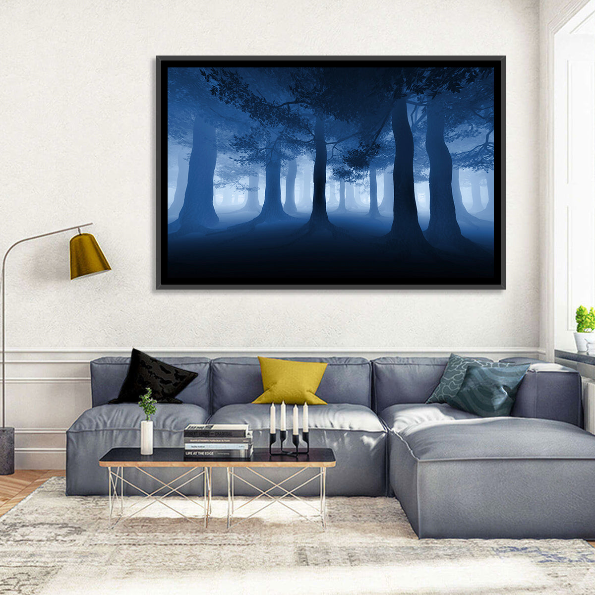 Midnight Blue Forest Wall Art in a room, landscape